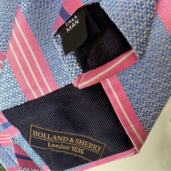 Holland & Sherry Tall Man Necktie Silk USA Made Pink Blue White Striped‎ - Picture 2 of 6